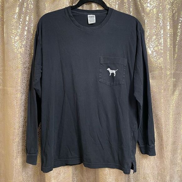 PINK Victorias Secret Black/Red Plaid Logo Crest Long Sleeve Campus Tee, S - Picture 2 of 5